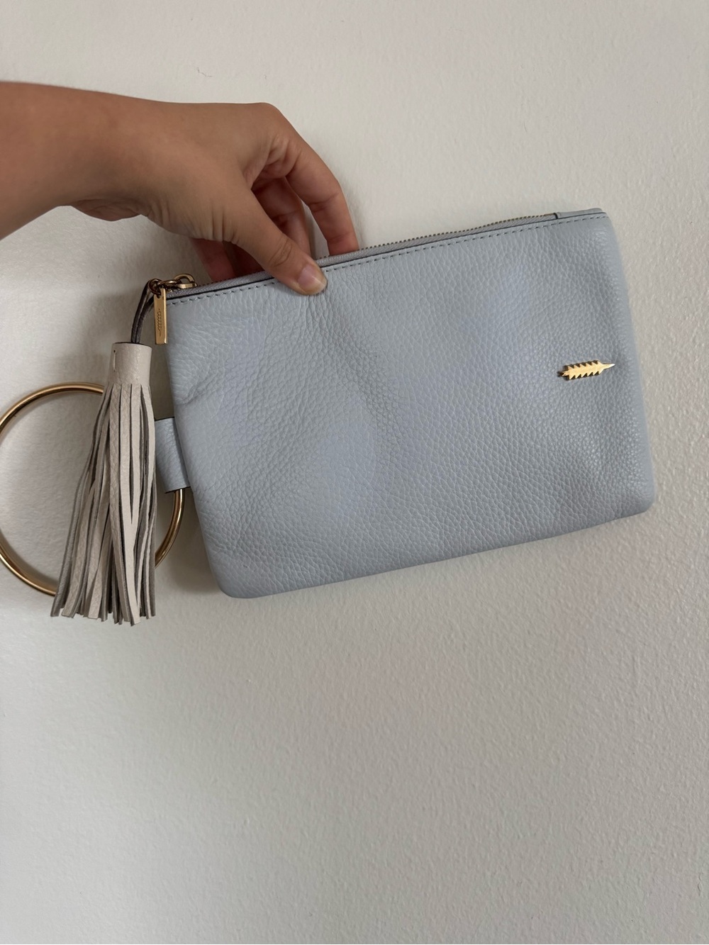 THACKER Nolita Pastel Blue Leather Ring Handle Clutch Tassel Bag
